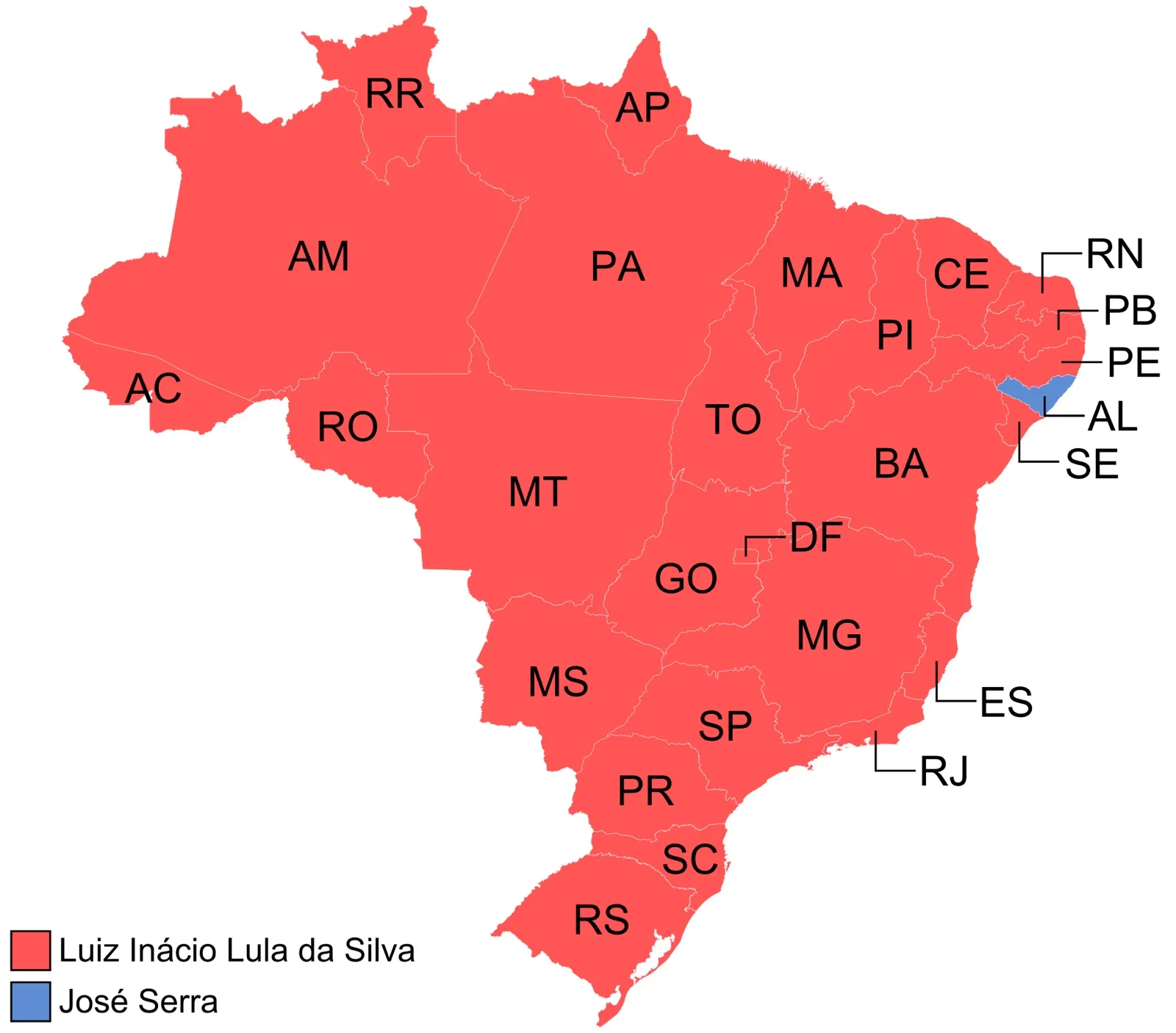 Mapa do Brasil por estado com o resultado do segundo turno de 2002: a maior parte do país em vermelho, para Lula, e uma faixa do Nordeste em azul, para Serra
